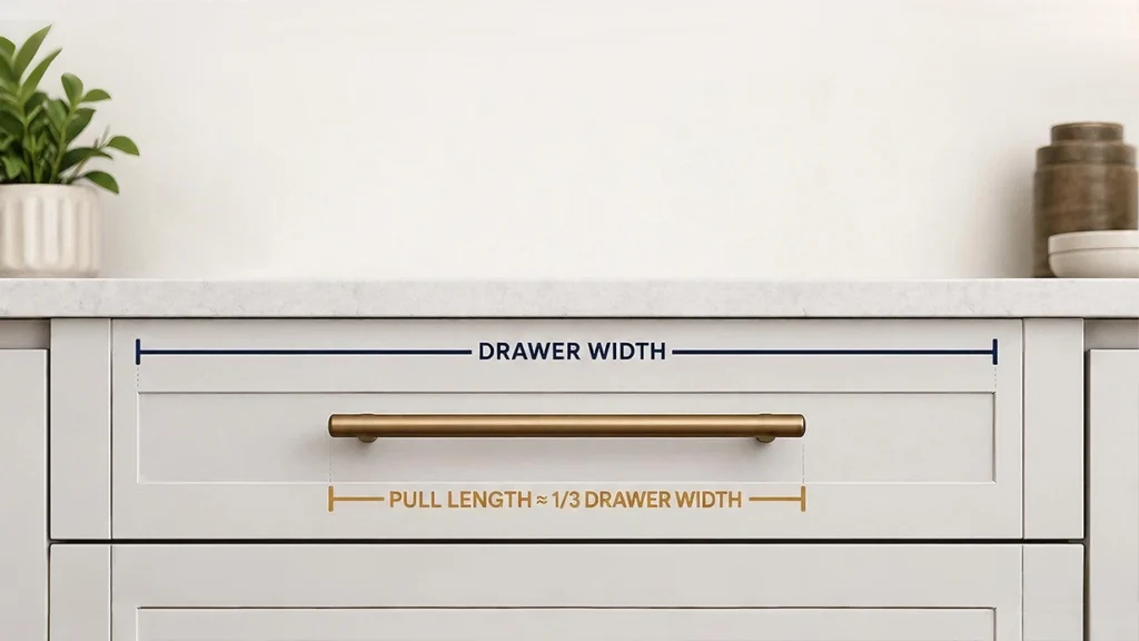 Sizing diagram illustrating the 1/3 rule for custom kitchen cabinet hardware with a brass pull on a white drawer.