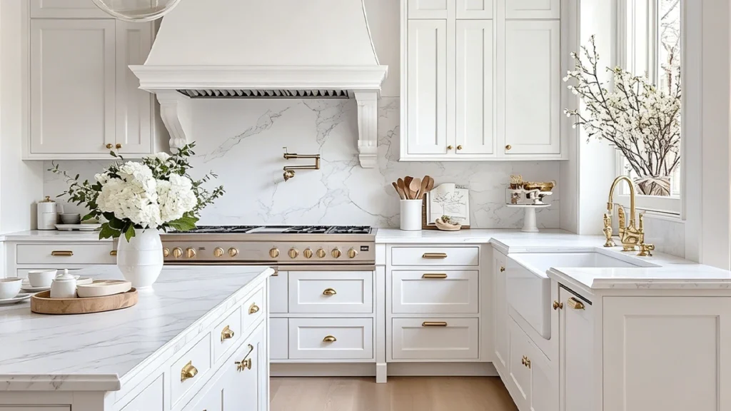 Brushed brass knobs on white upper cabinets with matching pulls and cup handles on drawers in a luxury villa kitchen.