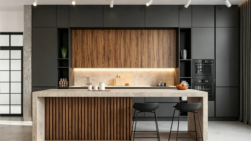 Floor-to-ceiling matte charcoal cabinets with flat-panel doors, paired with a stone-look kitchen island.
