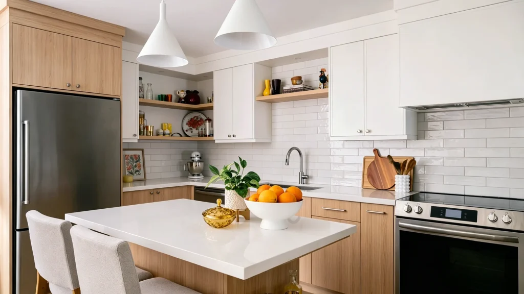 Matte white upper cabinets paired with natural wood lower cabinetry, a white quartz island, and a subway tile backsplash.