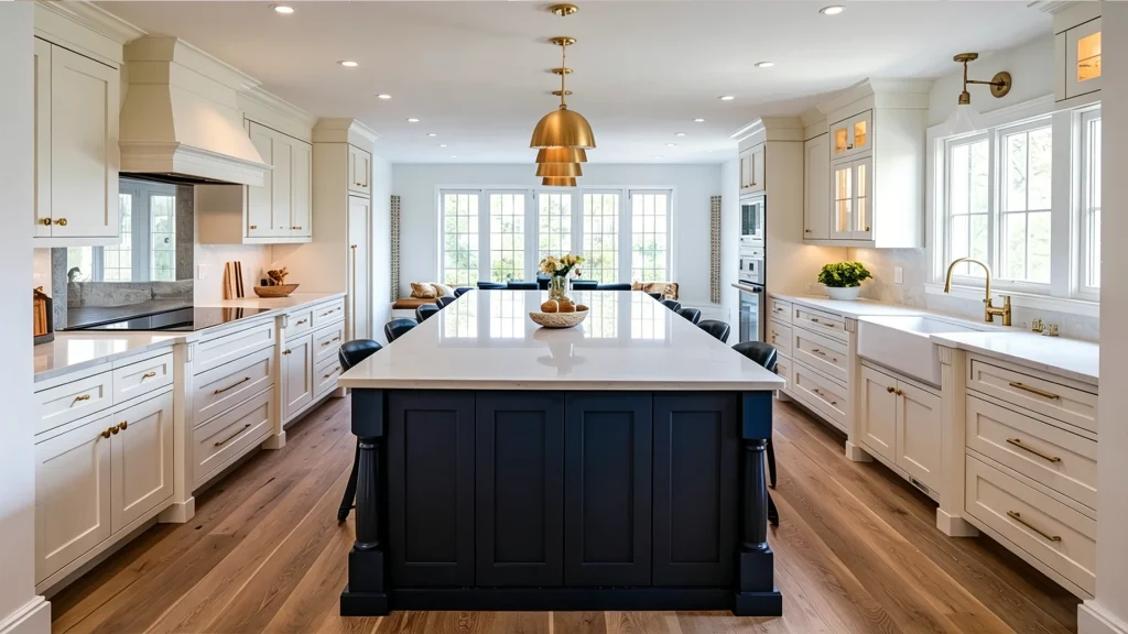Matte navy blue kitchen island with a white stone countertop, surrounded by warm white custom Shaker cabinets.