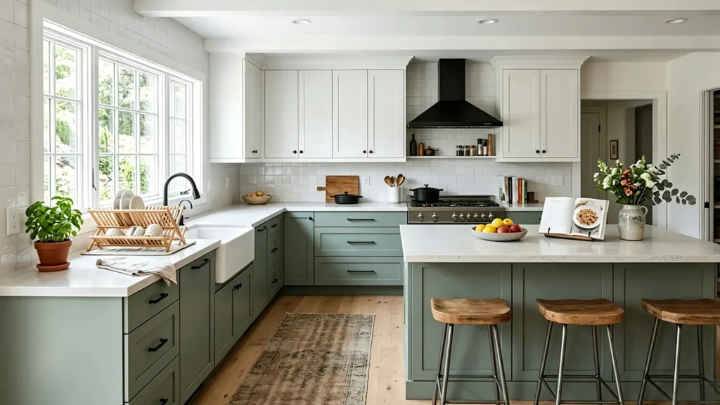 Two-tone kitchen featuring white upper cabinets, sage green lower cabinetry and island, and wood-topped bar stools.