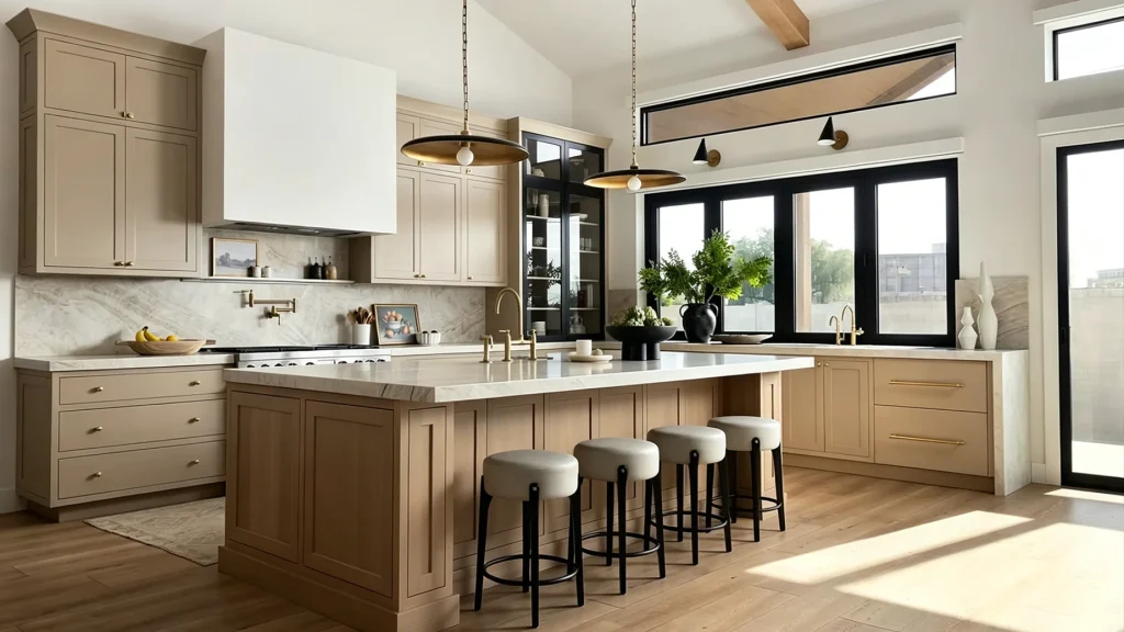 Taupe Shaker kitchen cabinets paired with a natural oak island, white marble countertops, and round bar stools.