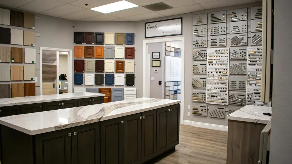 Luxury cabinet showroom with quartz islands, displaying diverse wood door styles and a massive hardware handle selection wall.