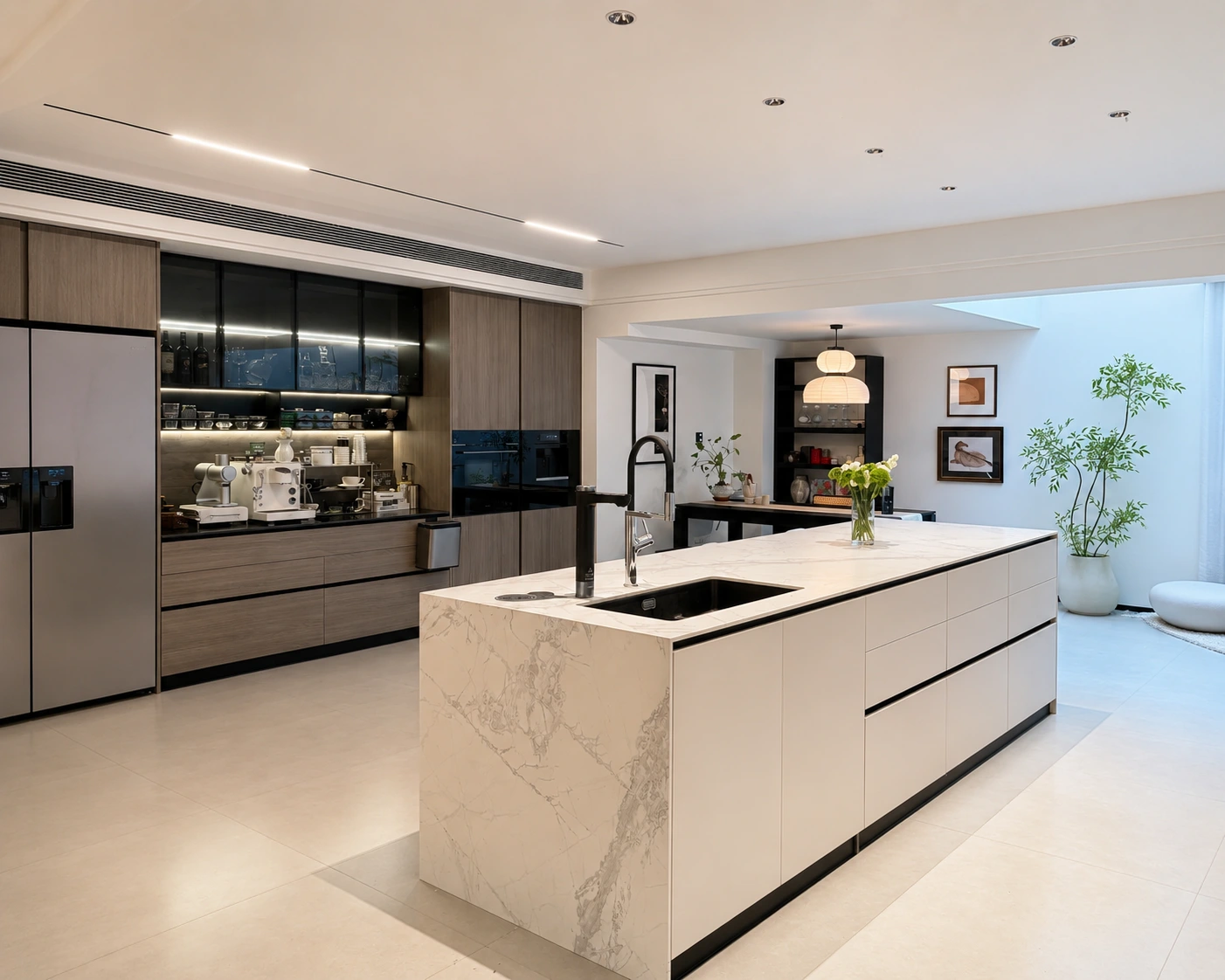 Waterfall kitchen island cabinets for luxury villas