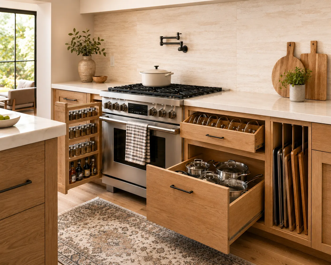 Cooking zone storage solutions with heavy-duty pot drawers and spice pull-outs