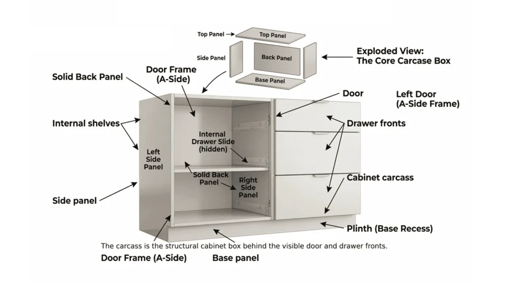 Exploded view diagram of a hotel kitchen cabinet carcass structure, detailing back panels, side panels, and drawer fronts.