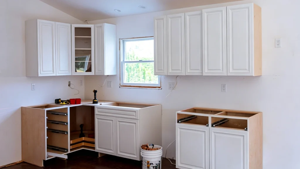 In-progress installation of white shaker kitchen cabinets with exposed bases and drawers, highlighting unfinished details.