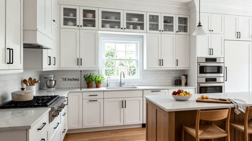 White shaker cabinets showing an 18-inch clearance above the quartz countertop in a luxury open-concept kitchen.