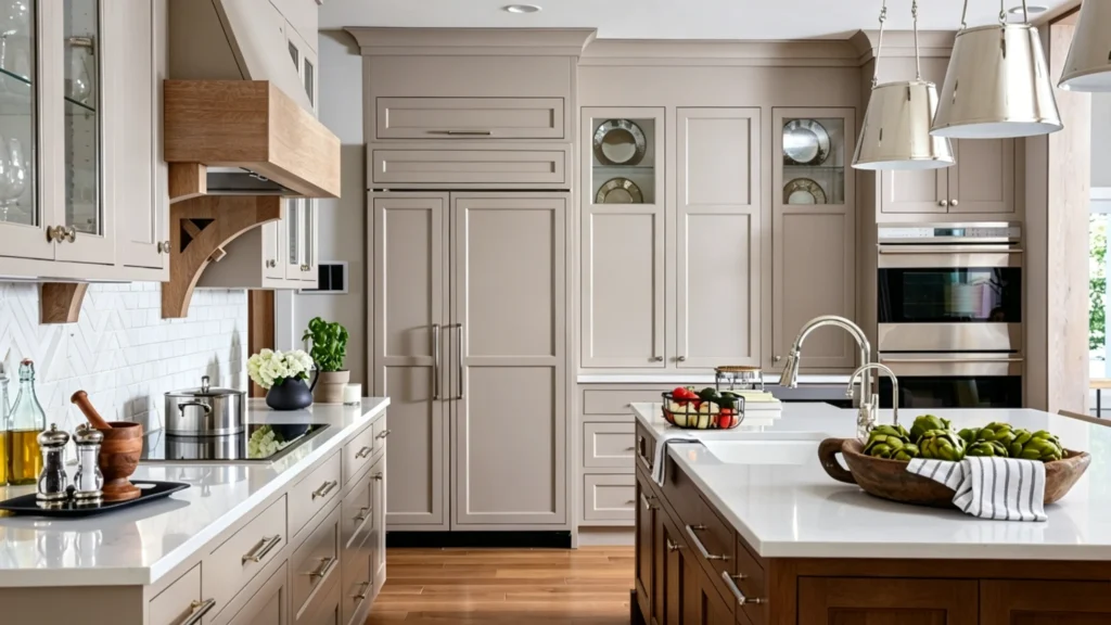 Light taupe shaker cabinets with bright quartz countertops and glass doors creating an open, airy modern kitchen.