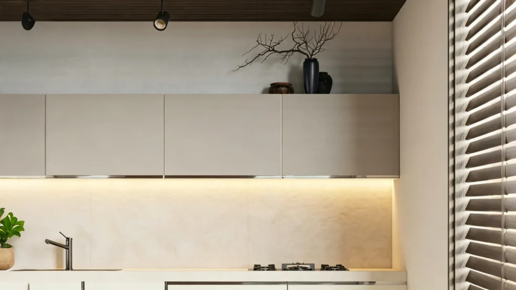 Large black ceramic vase with branches above minimalist beige kitchen cabinets with under-cabinet LED lighting.
