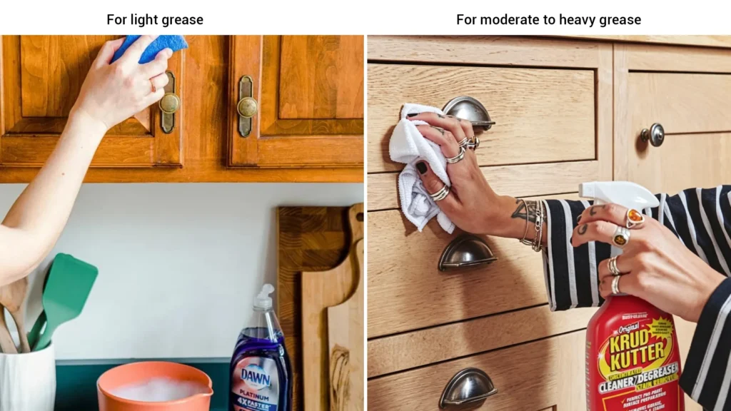 Comparing Dawn dish soap for light grease on oak cabinets with Krud Kutter spray for heavy grease prep on wood drawers.