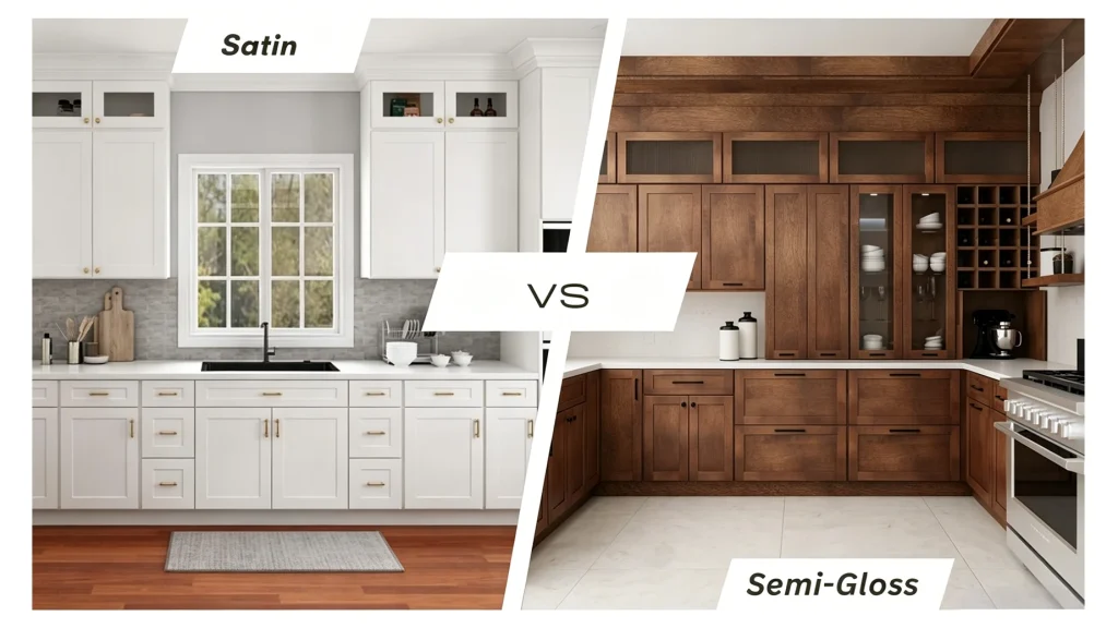 Side-by-side comparison of white kitchen cabinets in a soft satin finish versus dark wood cabinets in a durable semi-gloss finish.