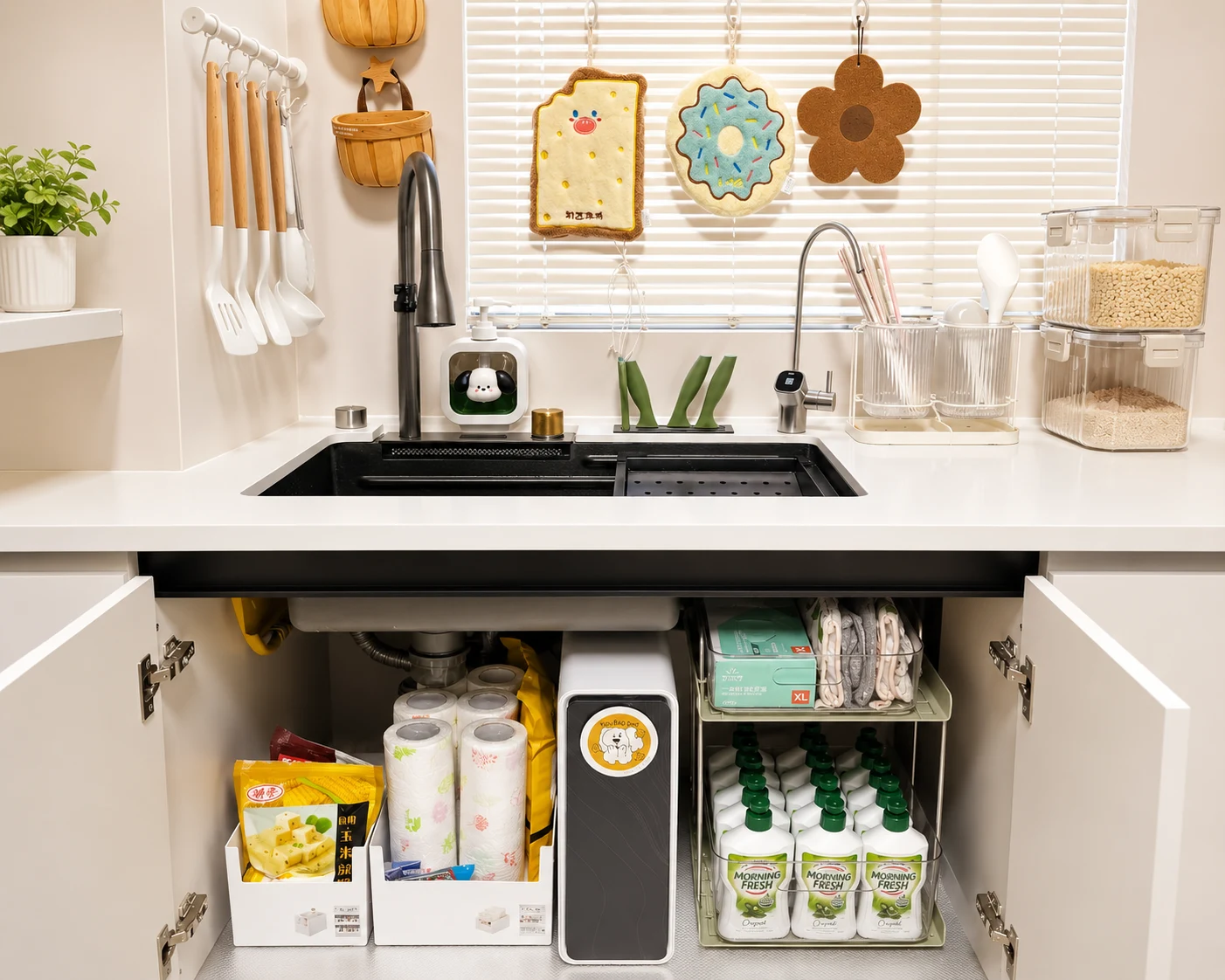 Cleaning zone organizers featuring U-shaped under-sink drawers