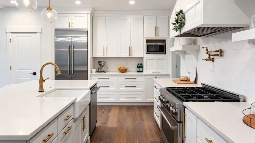 Brushed brass T-bar pulls on warm white shaker cabinets with a matching gold faucet in a luxury villa kitchen.