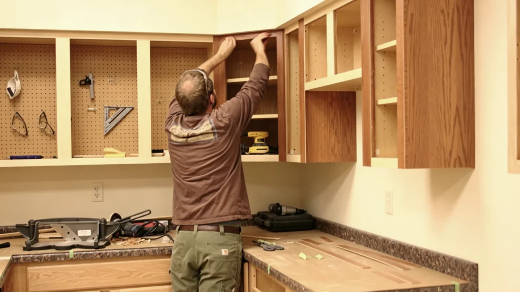 Carpenter applying wood veneer to old kitchen cabinet boxes during a custom cabinet refacing project.