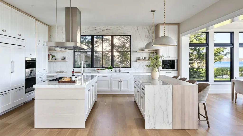 Warm white custom kitchen cabinets with integrated appliances, paired with a white marble island and light oak wood flooring.