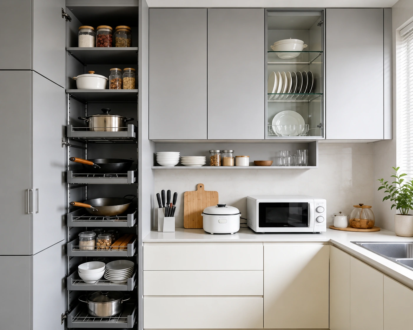 Tall pull-out pantry cabinet storage for deep pantry organization
