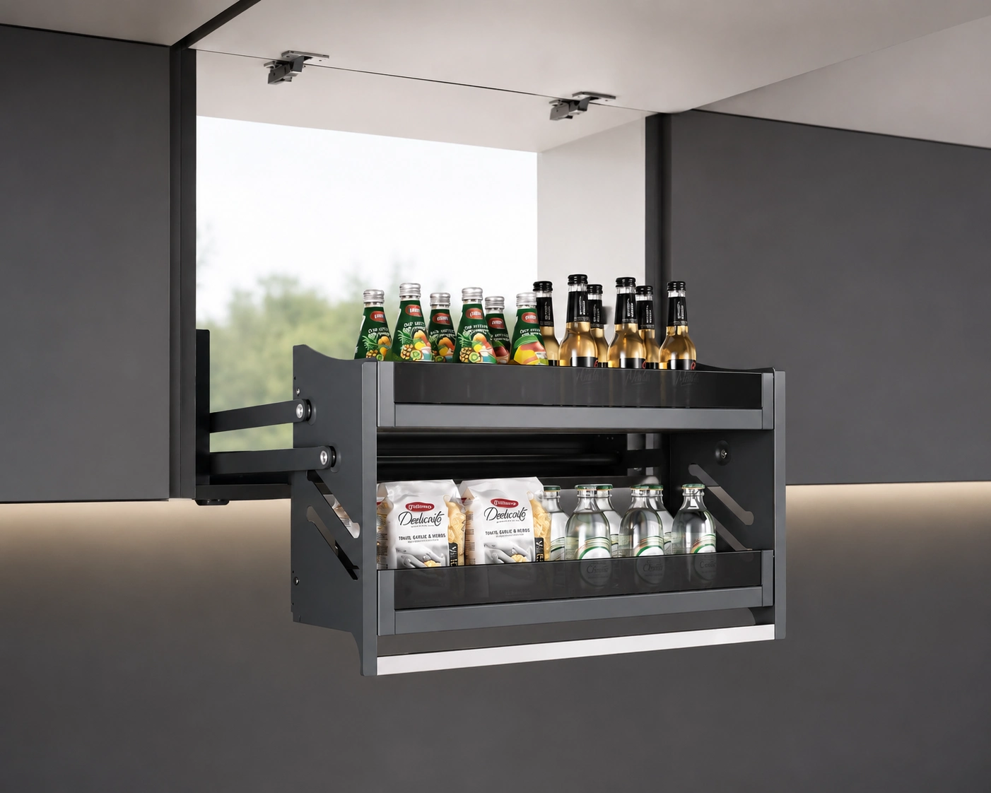 Pull-down wall cabinet shelves for high cabinet accessibility