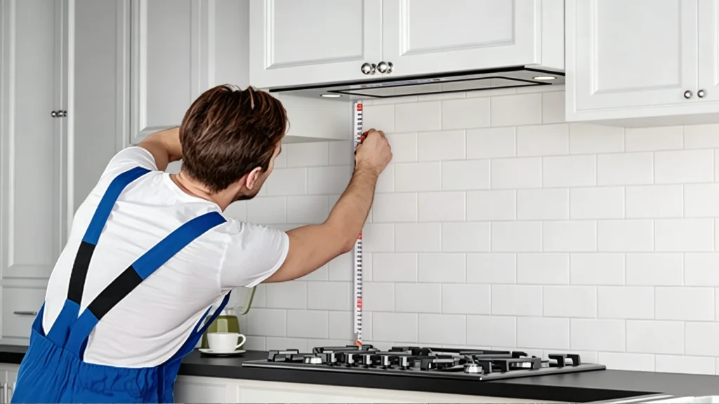 A worker measuring range hood clearance between white cabinets and a gas cooktop for custom kitchen installation.
