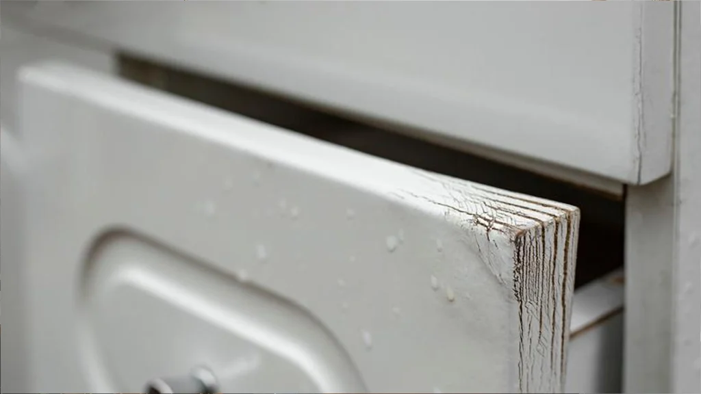 Close-up of a white kitchen cabinet drawer with water damage, showing blistered paint and cracking along the wooden edge.