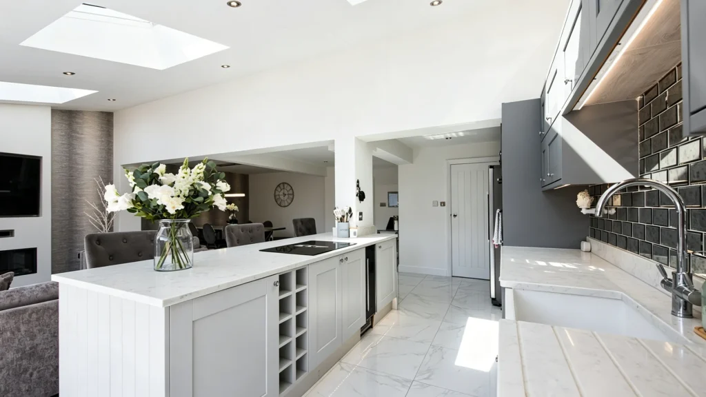 Wide-angle open kitchen featuring light gray Shaker cabinets, white marble countertops, and skylights reflecting natural light.