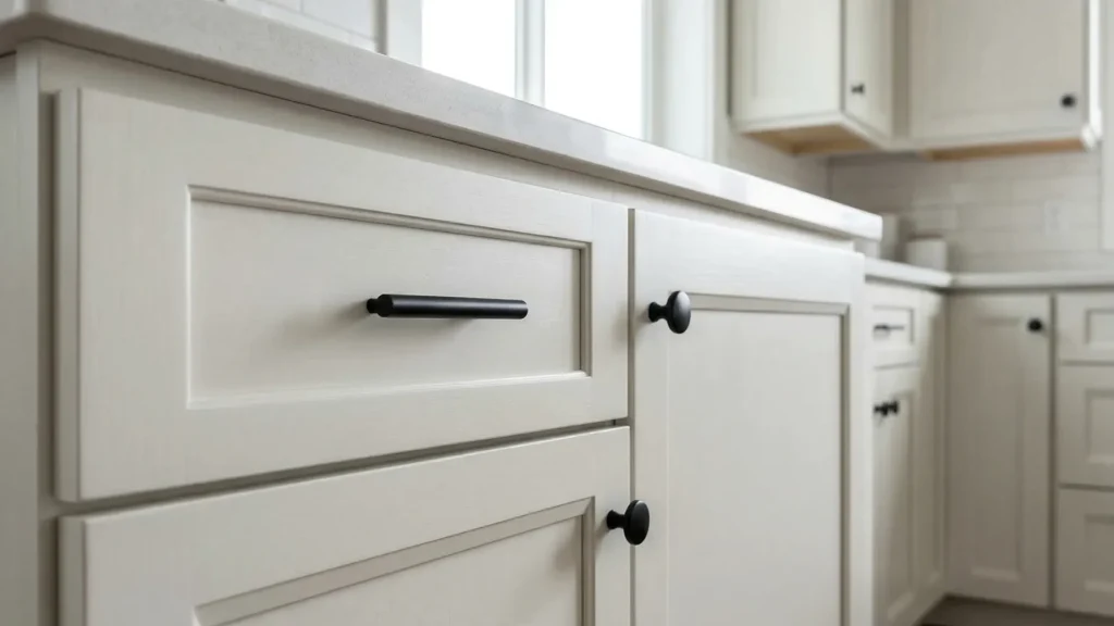 Close-up of off-white Shaker kitchen cabinets with matte black handles, evaluating finish smoothness and tight door gaps.