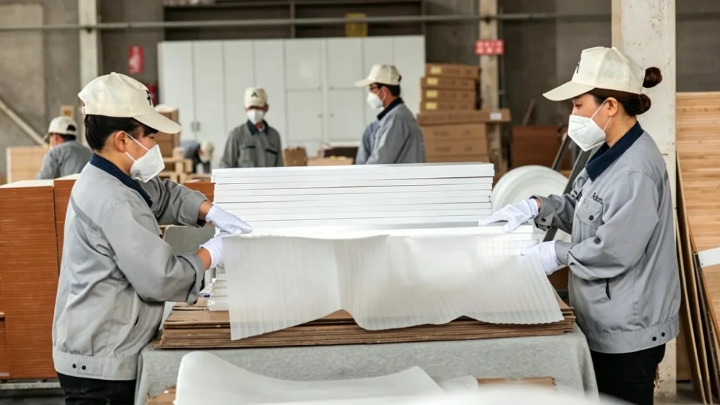 Factory workers packaging white custom cabinet panels with protective foam padding sheets for pre-shipment quality control.