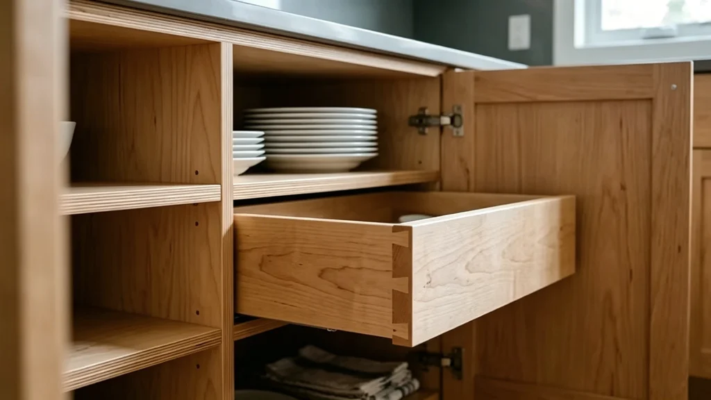 Open villa kitchen cabinet showing a solid wood dovetail drawer box and premium natural plywood interior shelving.