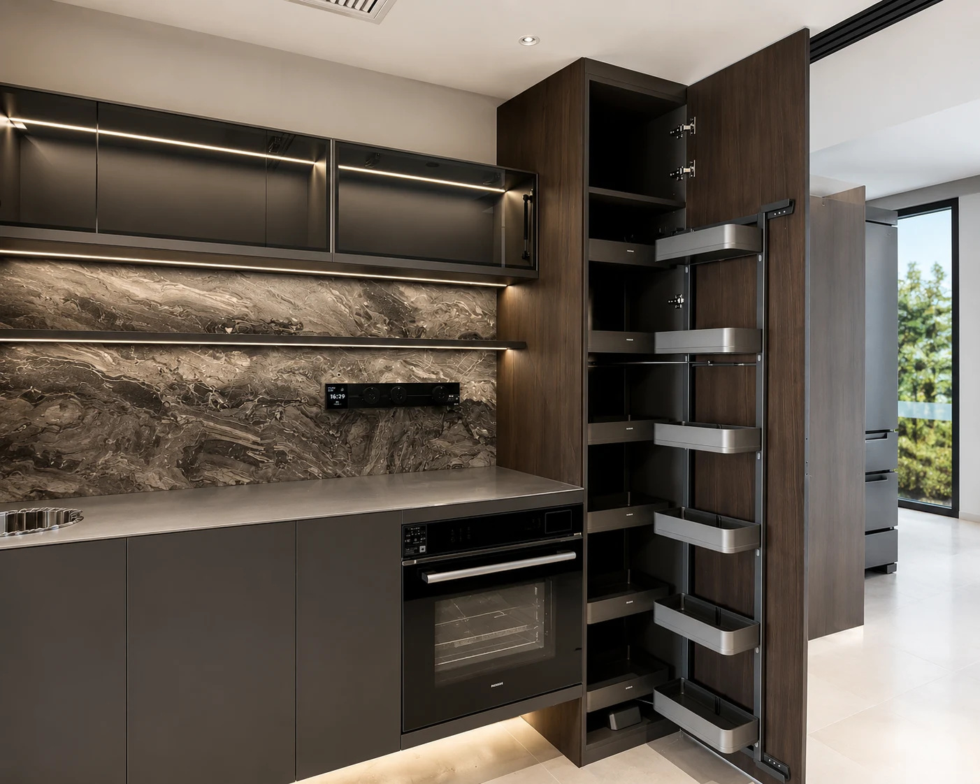 Deep pantry pull-out systems with high load capacity for premium residential kitchens