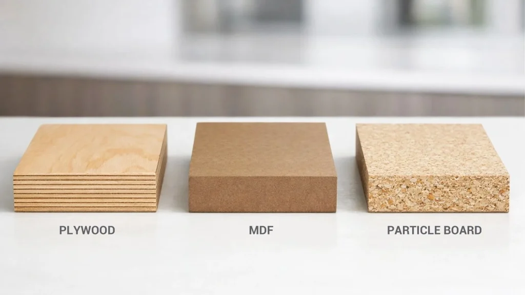 Side-by-side comparison of plywood, MDF, and particle board material samples for commercial kitchen cabinet projects.