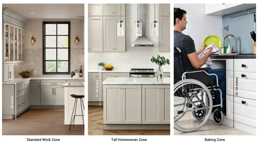 Three kitchen countertop height zones comparing 36-inch standard, 37-38 inch tall, and 32-34 inch accessible base cabinets.