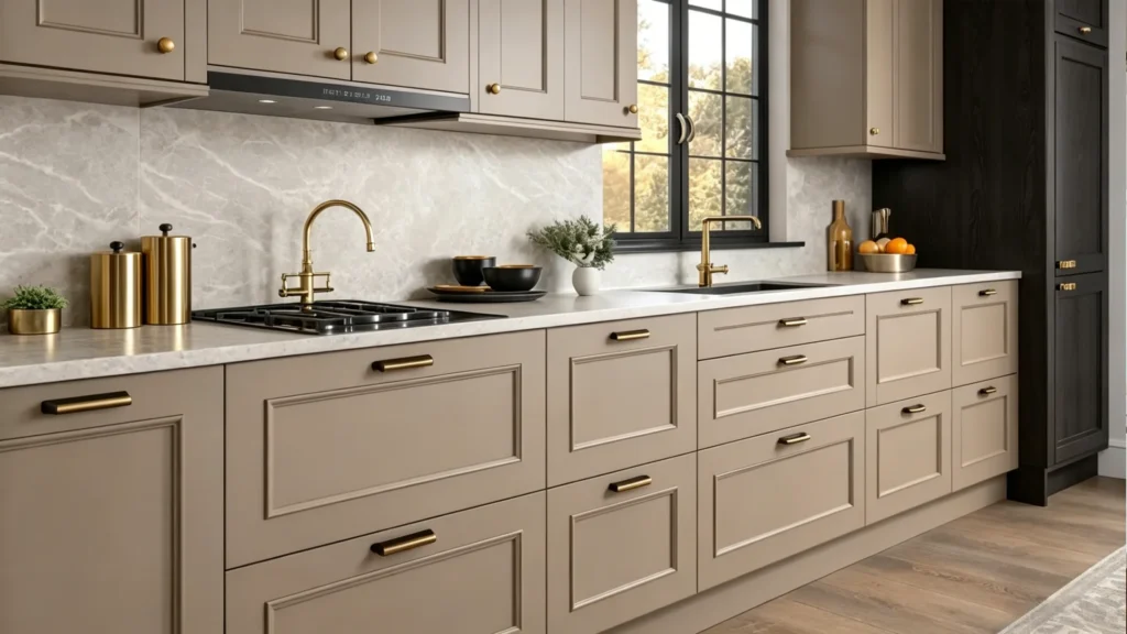 Warm taupe shaker cabinets with brushed brass handles, a marble backsplash, and a gold faucet in a luxury villa kitchen.