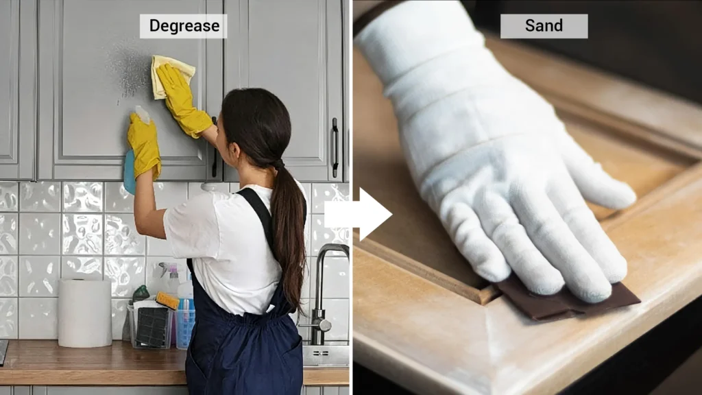 Wiping grease off grey kitchen cabinets before a gloved hand sands the wooden door surface in the correct prep sequence.