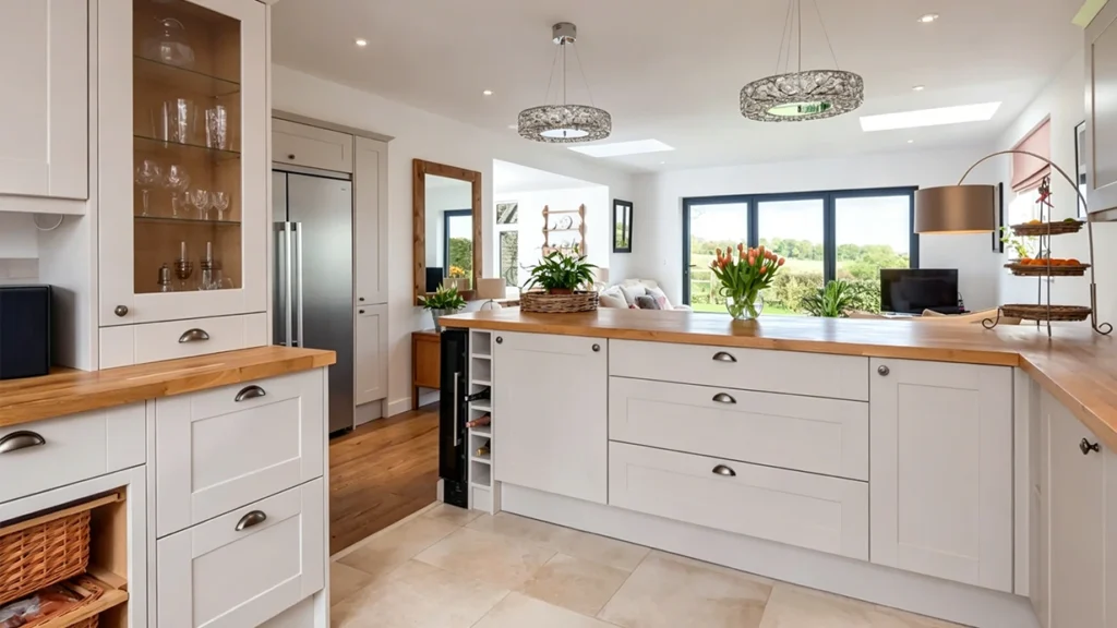 Polished nickel cup pulls on light gray shaker cabinets with wooden countertops in an open-concept estate kitchen.