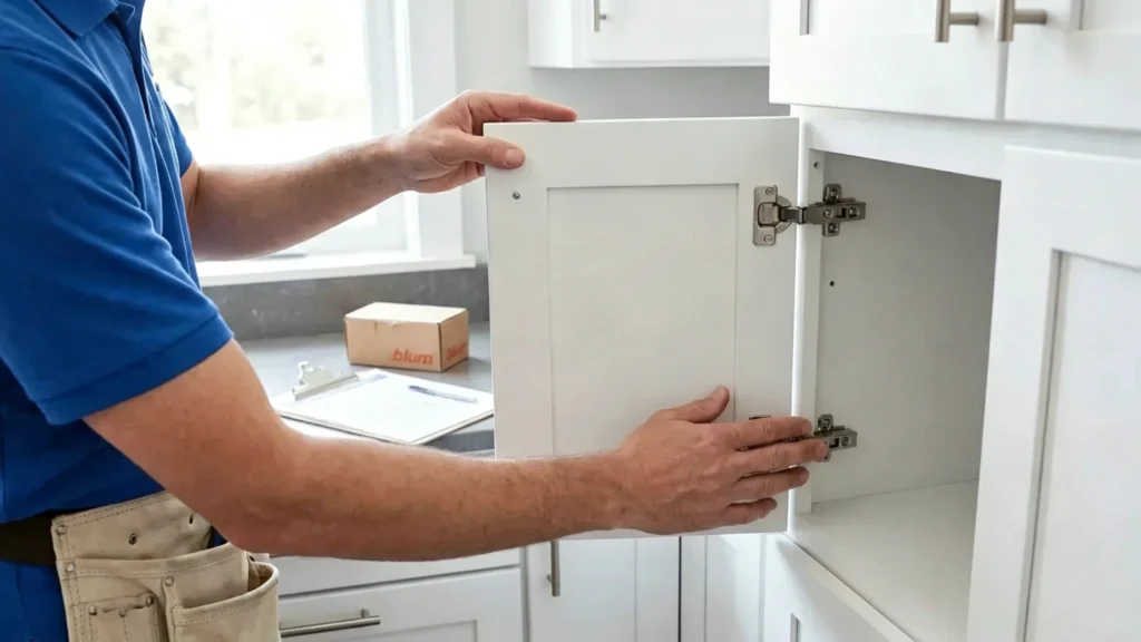 Installer adjusting a white shaker cabinet door with premium Blum soft-close hinges during kitchen remodeling.