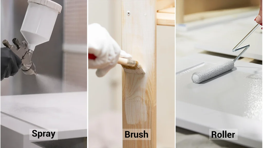 Three-panel view comparing spray, brush, and roller application methods on white and wood kitchen cabinet surfaces.