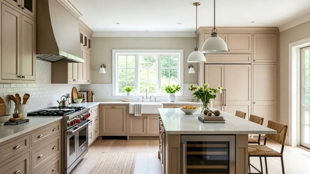Taupe Shaker-style kitchen cabinets featuring a matching range hood, a white quartz island, and light wood flooring.