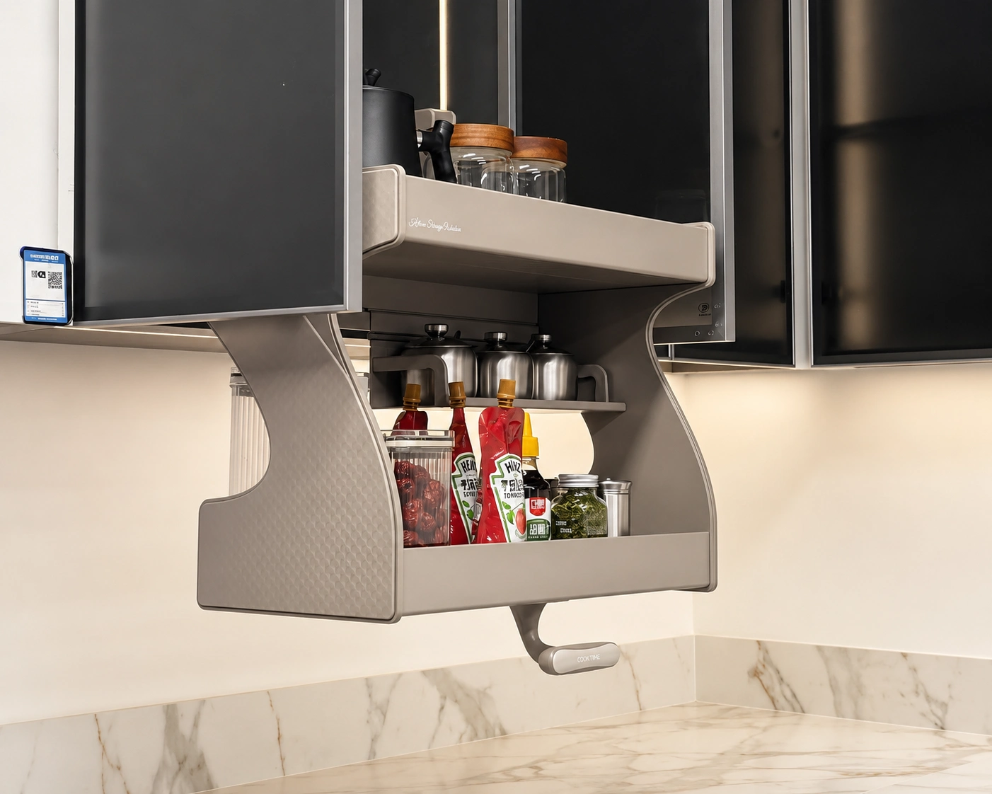 Pull-down wall cabinet organizers for high ceilings in villa kitchens