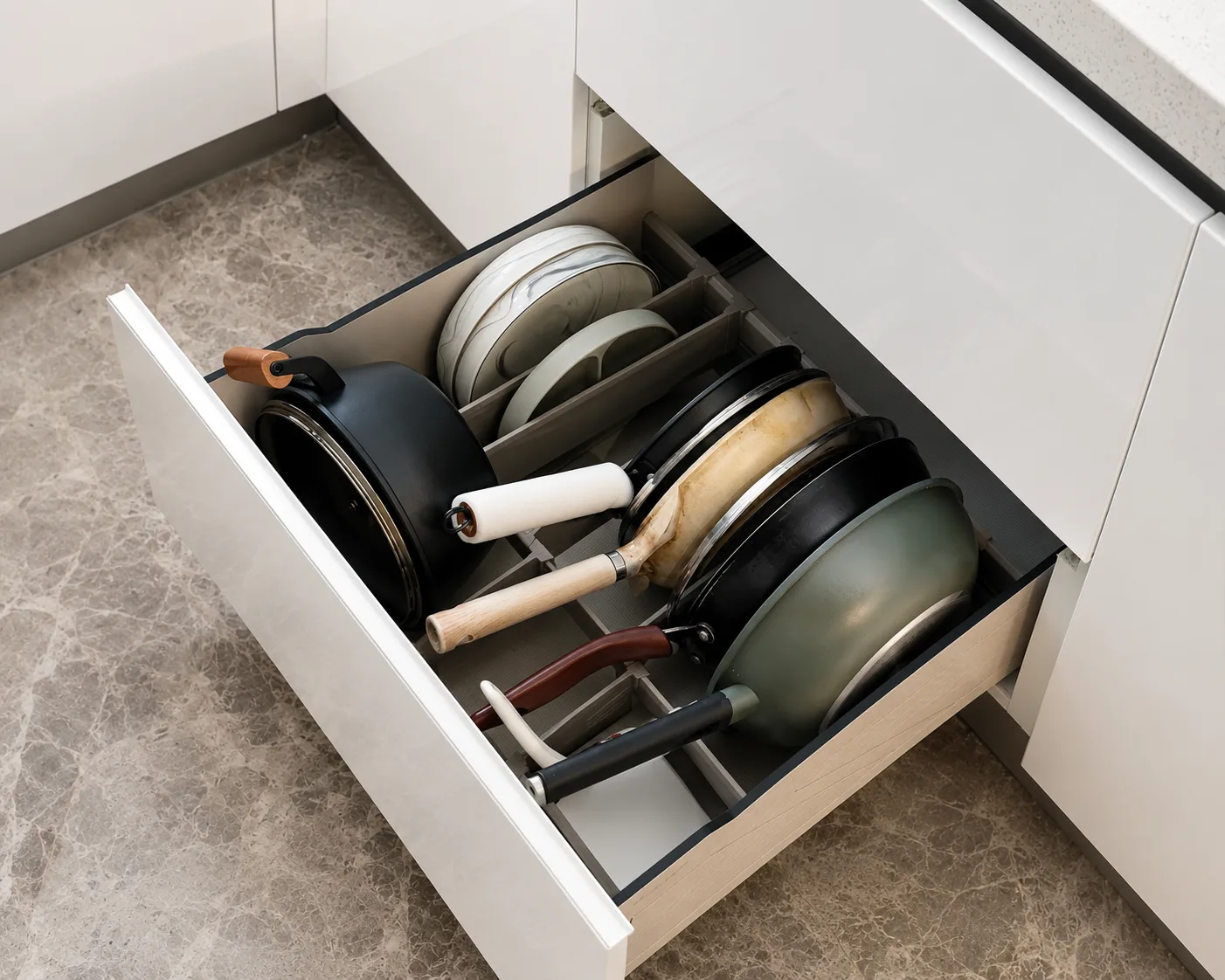 Heavy-duty deep base cabinet drawers for cast iron pots and non-stick pans