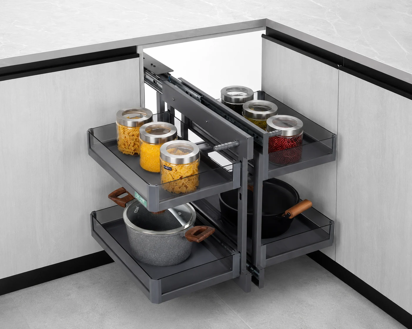 Blind Corner Pull-Out Organizer for Narrow Kitchen Footprints