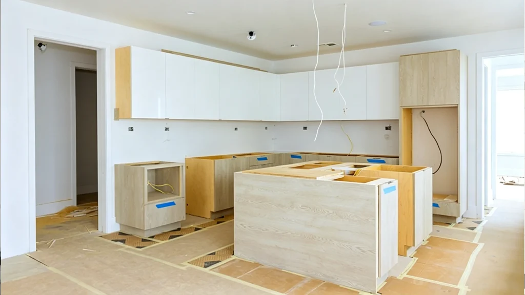 Unfinished custom kitchen cabinets with open appliance cutouts and light wood island during home renovation.