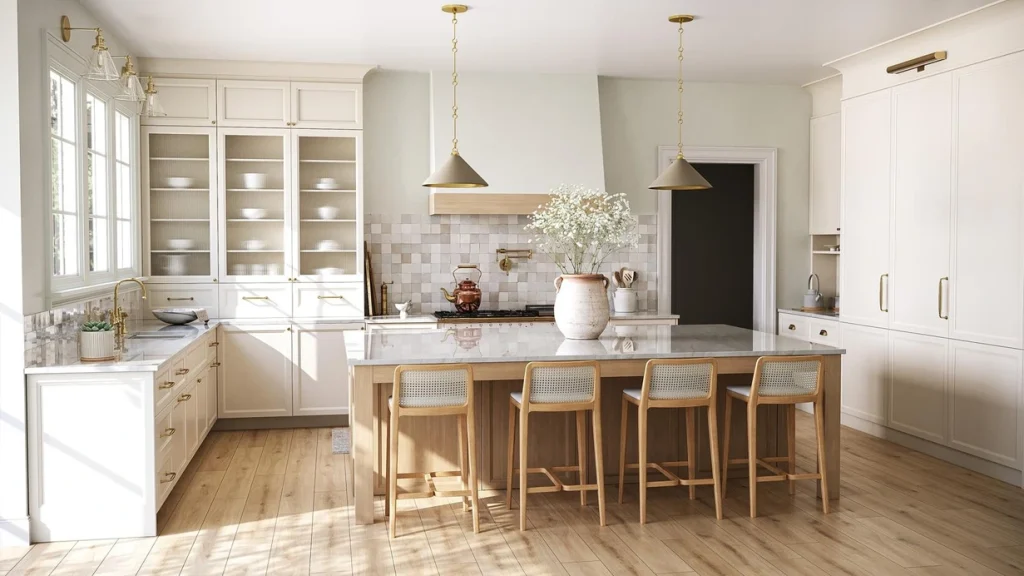 Cream inset kitchen cabinets paired with a natural oak island, fluted glass uppers, and brass accents in a luxury villa.