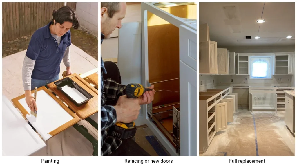Three kitchen cabinet remodeling options: painting old doors, refacing hardware, and full custom cabinet replacement.
