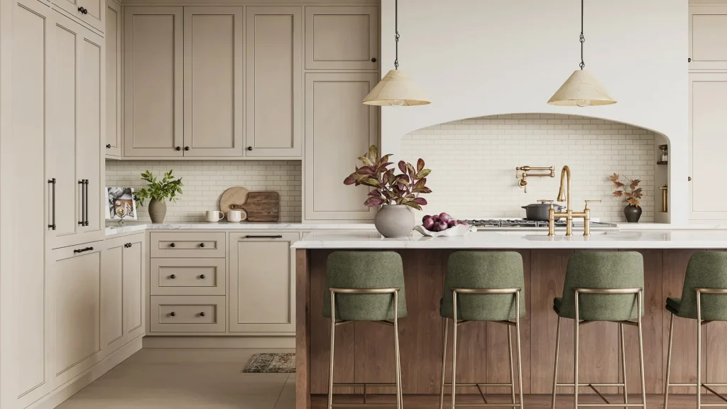 Elegant villa kitchen with matte taupe cabinets, a natural wood island, and muted green fabric barstools.
