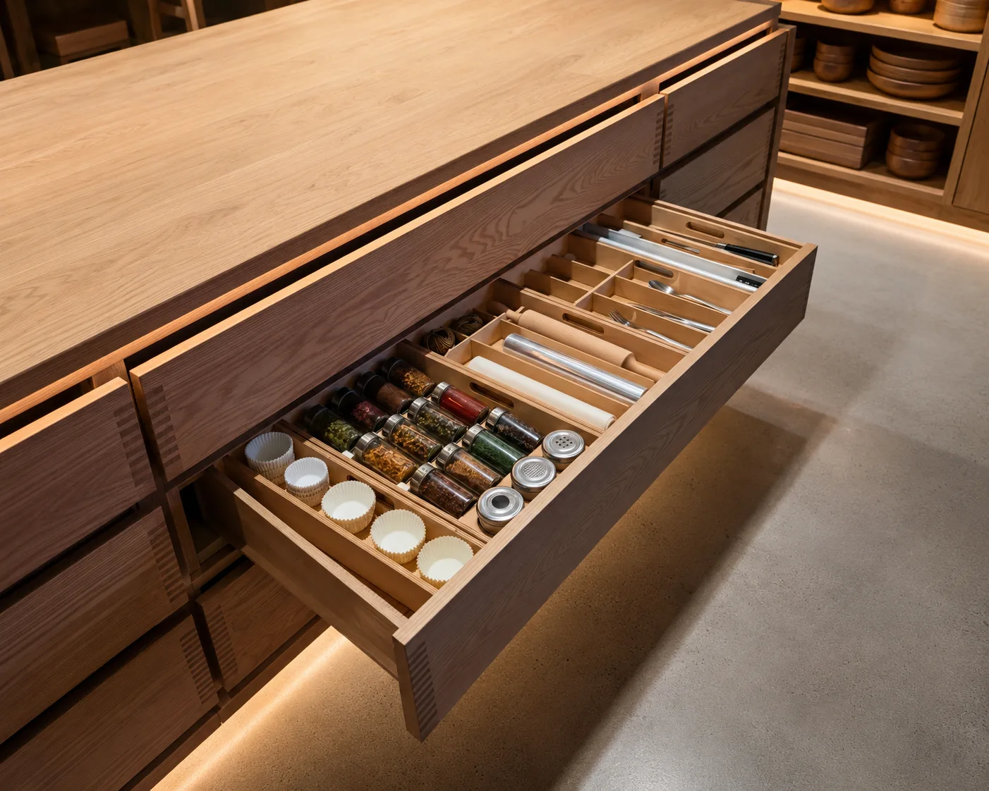 Prep and deep drawer custom kitchen island cabinets