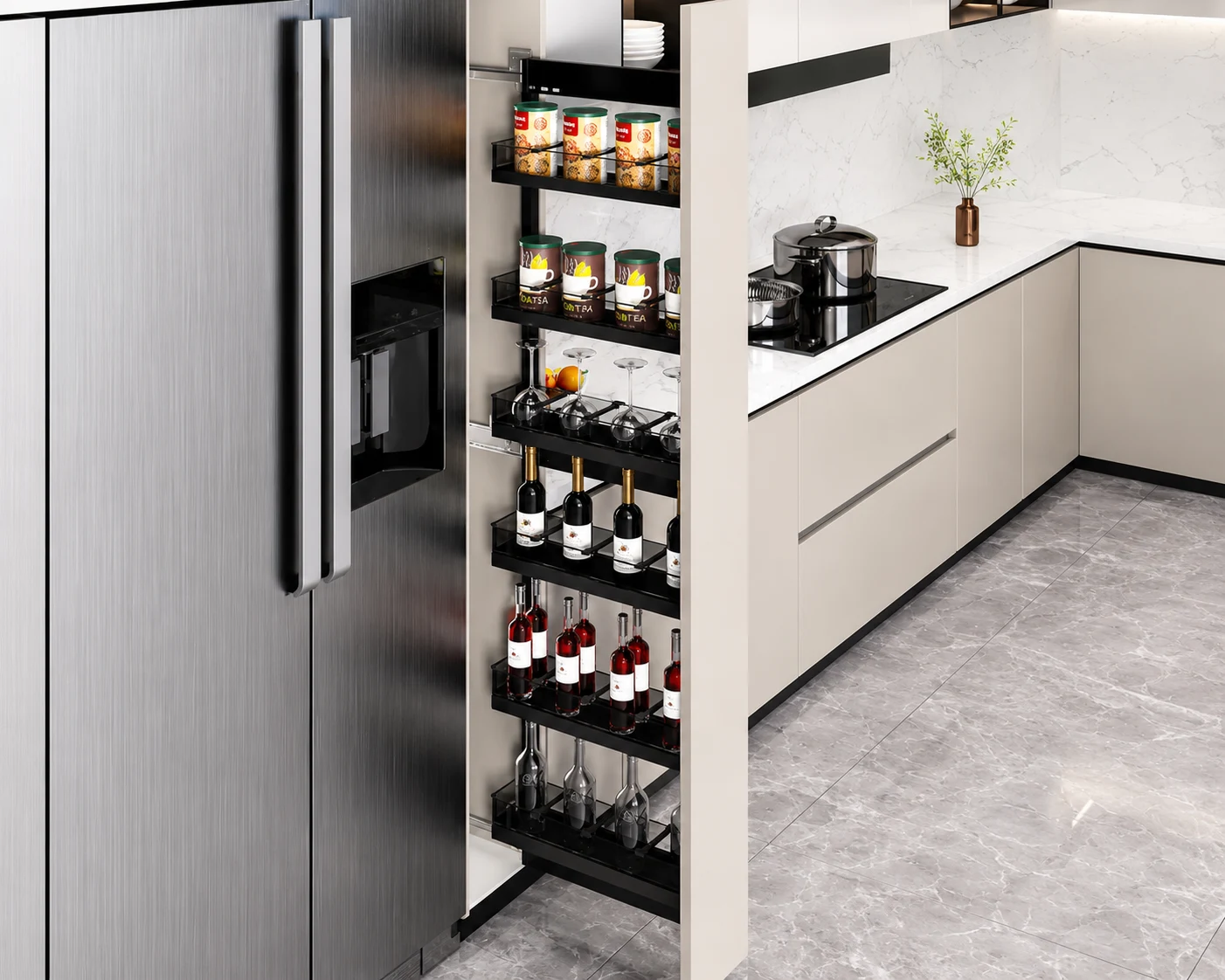 Tall Kitchen Pantry Pull Out Units for Deep Storage in Villa Walk-in Pantries