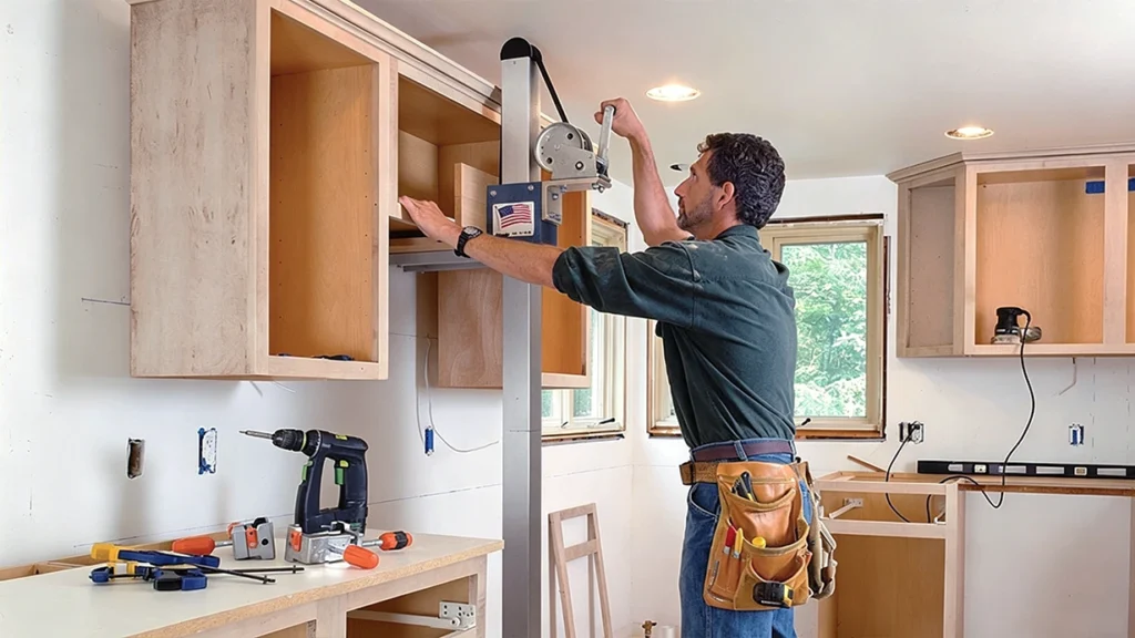 Installer using a mechanical lift tool to support unfinished wood upper cabinets during a luxury villa kitchen renovation.
