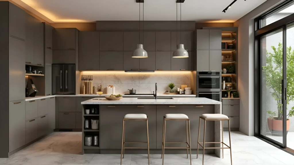 Dark taupe flat-panel cabinets with a matching island, marble countertops, and warm led lighting in an open-plan kitchen.