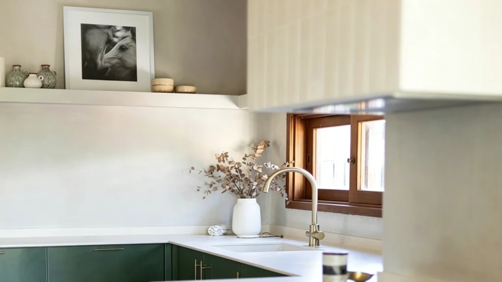 Framed black and white horse artwork on a shelf above matte green kitchen cabinets with a gold gooseneck faucet.